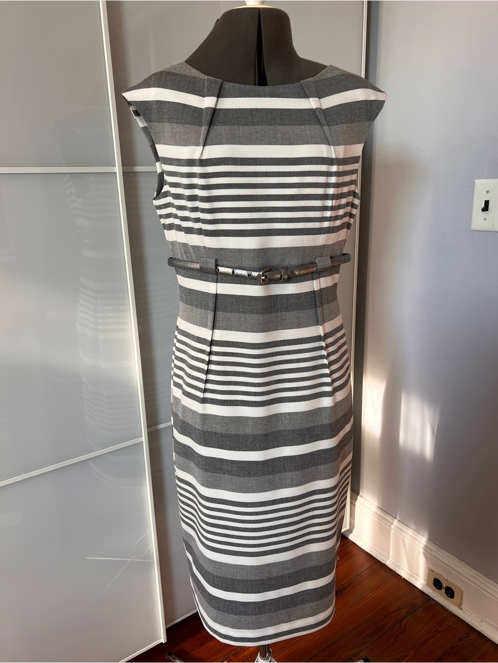 Calvin Klein Gray and White Striped Sheath Dress with Belt